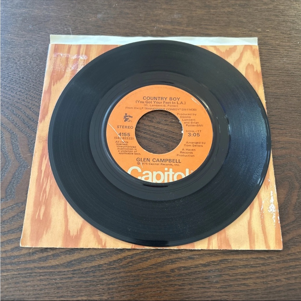 Capitol Records Vinyl 45rpm 7”- Glen Campbell ‘Country Boy’’Record Collector’s..